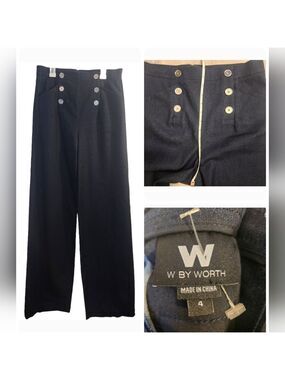W By Worth Sailor Pants Indigo Blue Denim Wide Leg High Rise Button Sz: 4